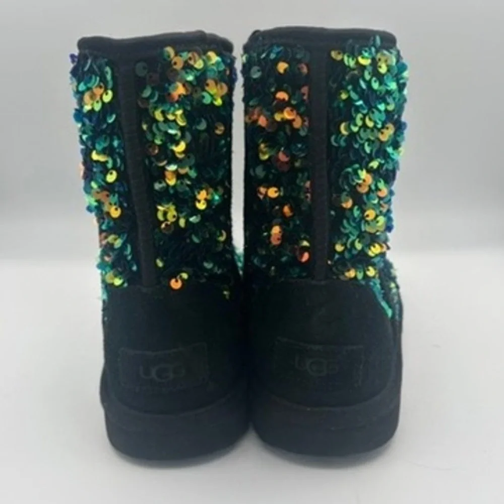 UGG Classic Short Sequin Boots Kids Sz 13 Black Green Iridescent Sparkle Glitter